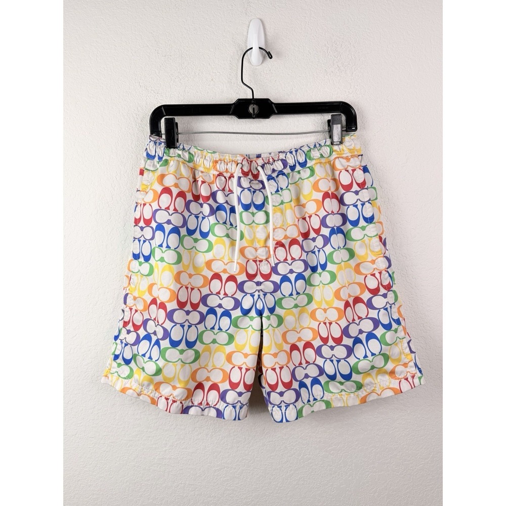 Coach Signature Swim Trunks Men M Multicolor Logo Print Drawstring Shorts Beach - Picture 2 of 8